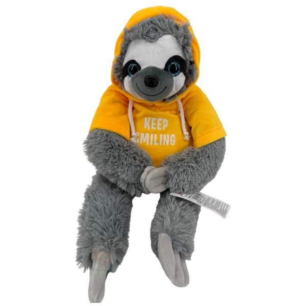 Graues Faultier Plüschtier mit orangefarbenem Hoodie und Aufdruck „KEEP SMILING“, ca. 30 cm sitzend (ca. 52 cm stehend).